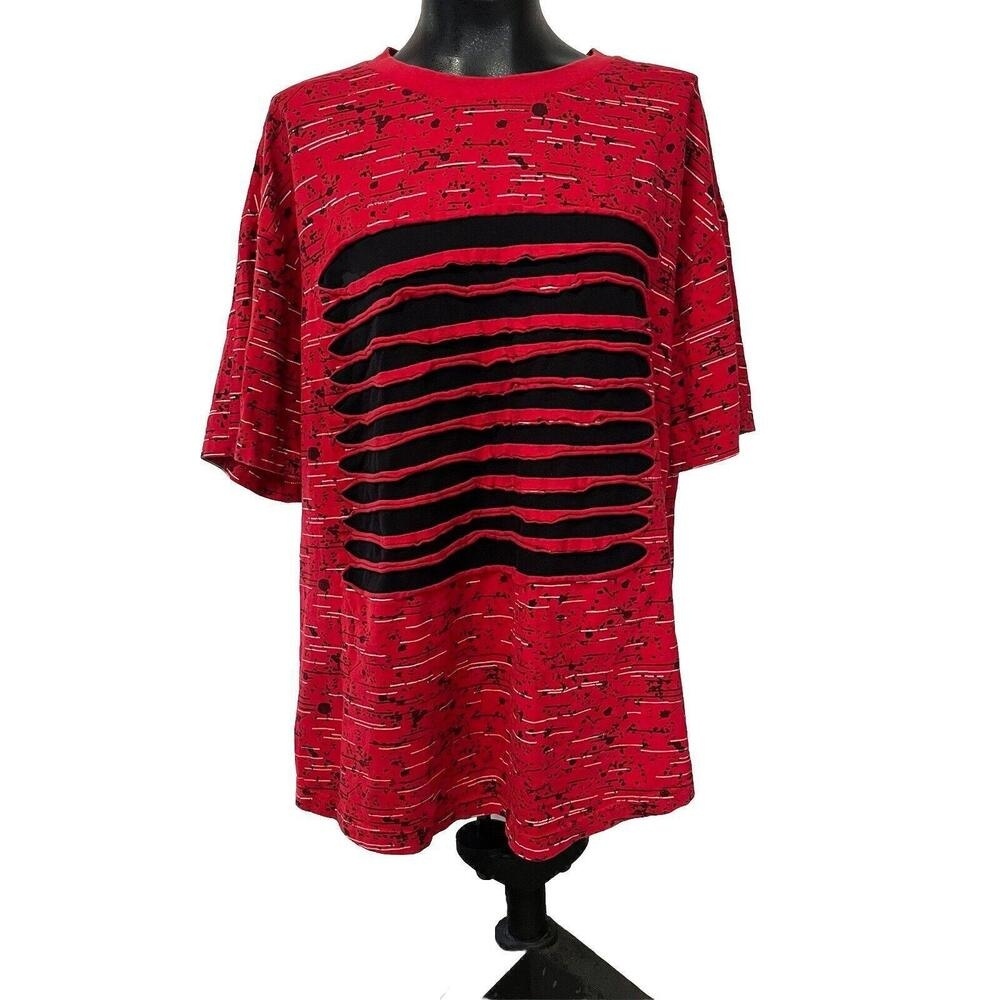 King Maker Mens XXL Red Black Splatter Shredded Distressed‎ Punk Streetwear Tee